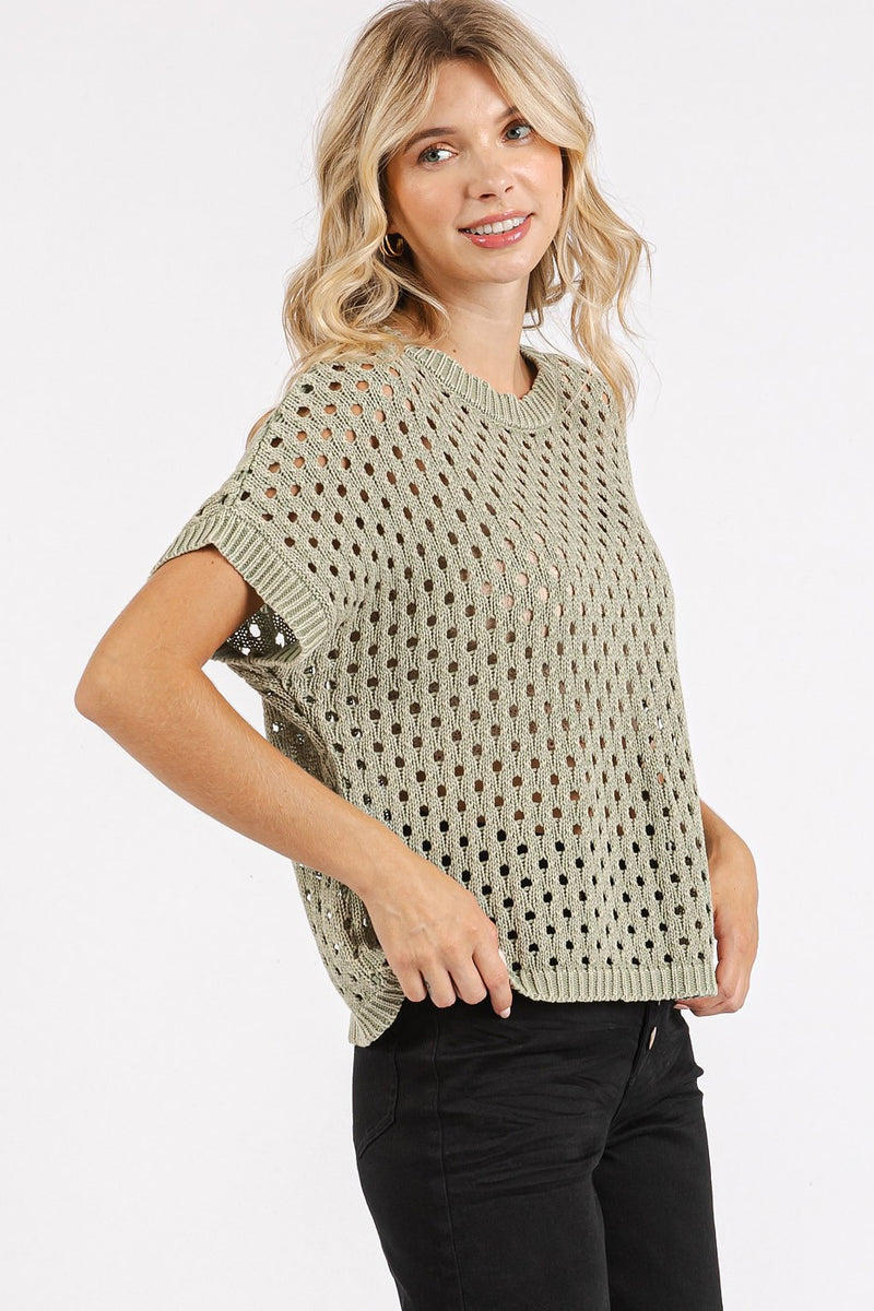 Open Knit Short Sleeve Sweater - Sage