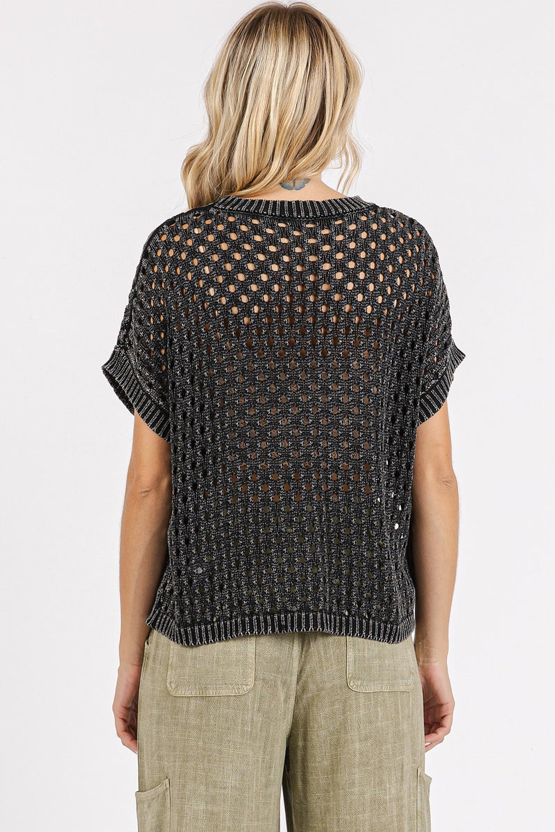 Open Knit Short Sleeve Sweater - Ash Black