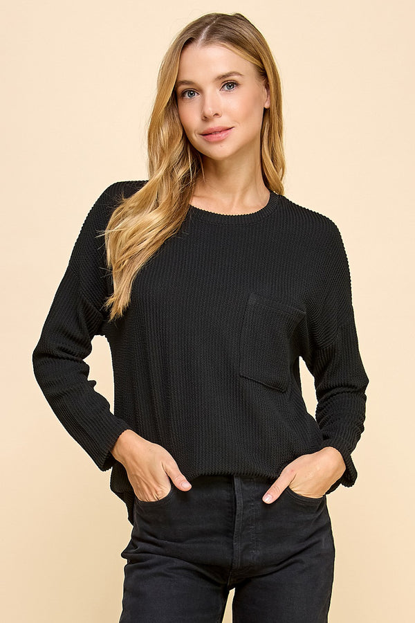 Front Pocket Detail Ribbed Top - Black