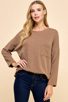 Front Pocket Detail Ribbed Top - Chesnut