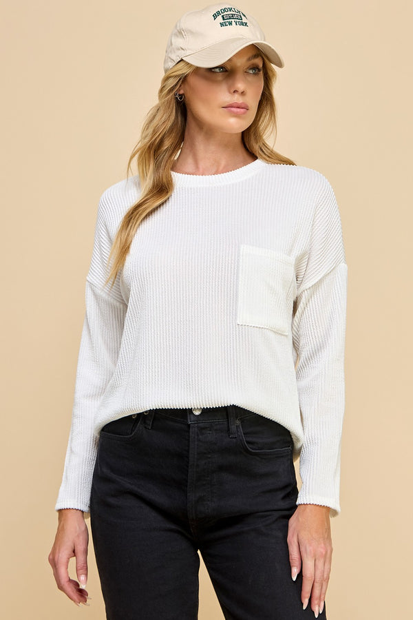 Front Pocket Detail Ribbed Top - Ivory