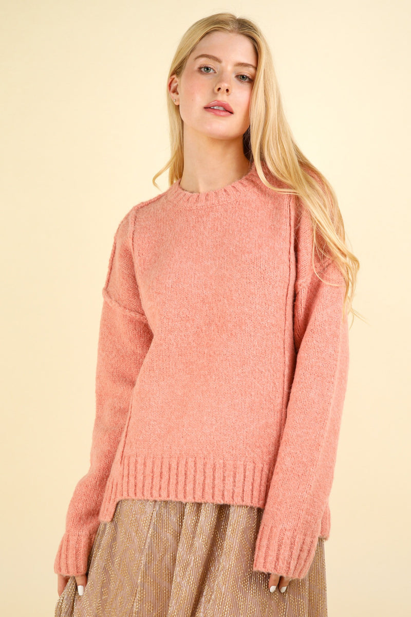 Asymmetric Solid Sweater - Pink