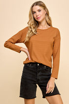 Solid Ribbed Long Sleeve Top - Camel