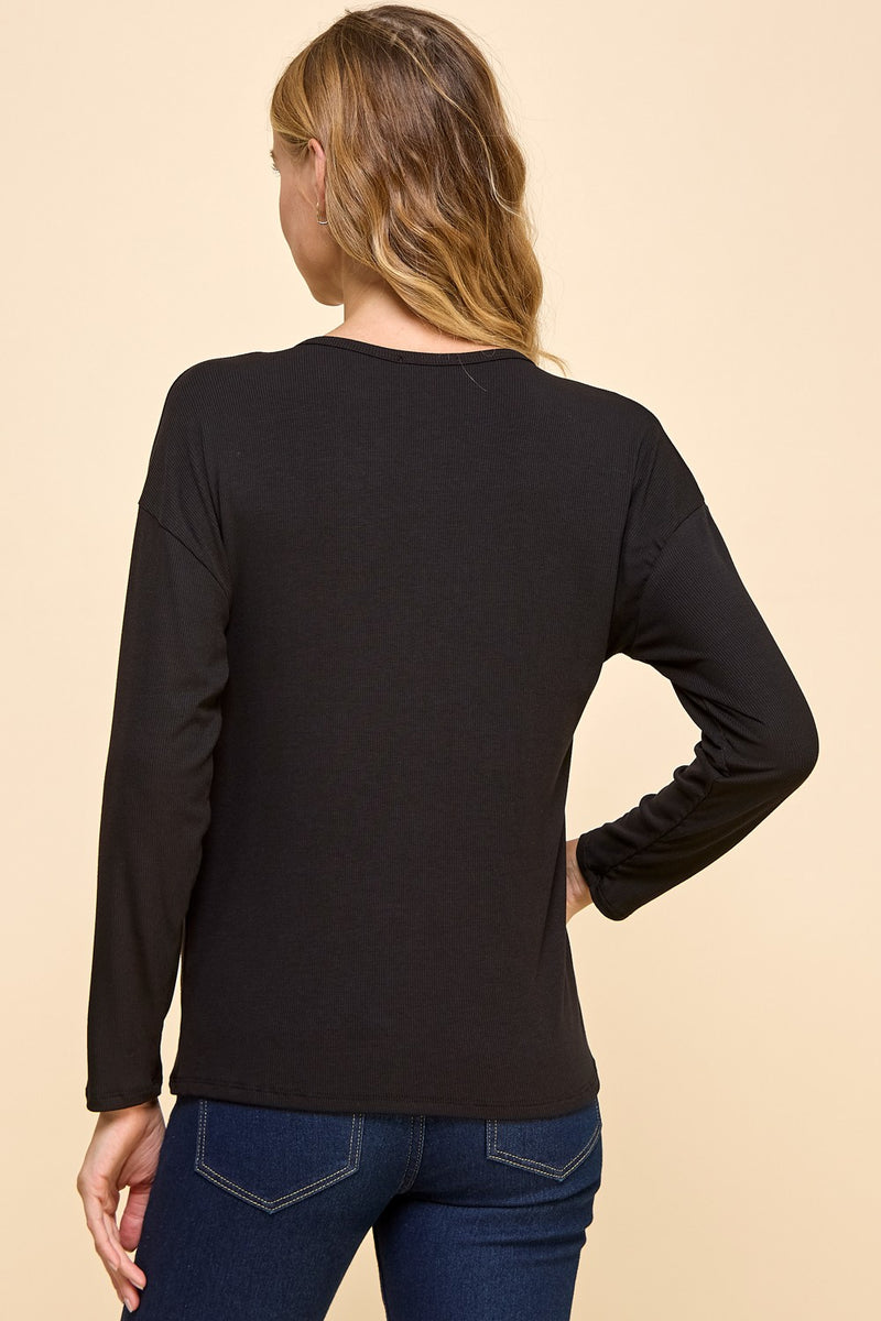 Solid Ribbed Long Sleeve Top - Black