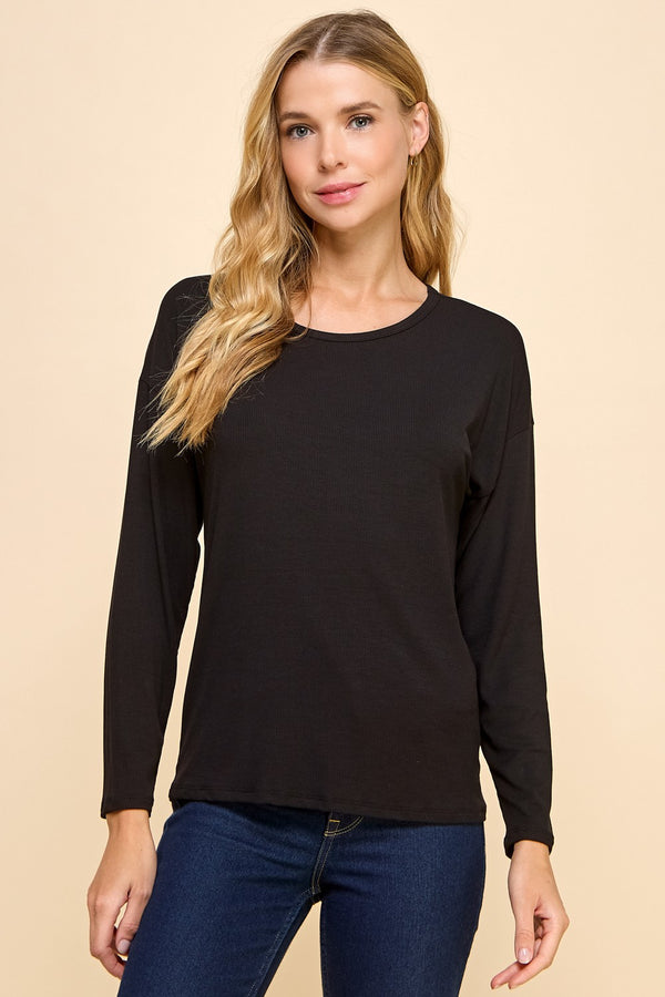 Solid Ribbed Long Sleeve Top - Black