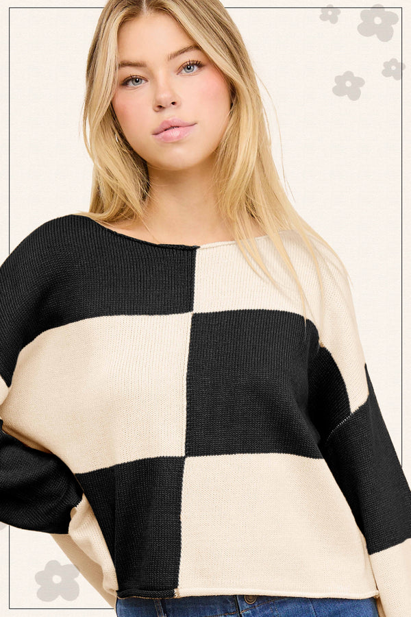 Relaxed Fit Checkered Sweater - Black