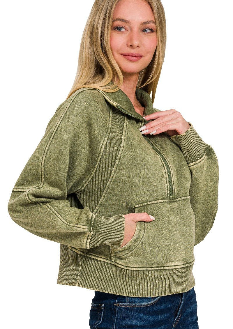 Acid Washed Half Zip Pullover - Light Olive