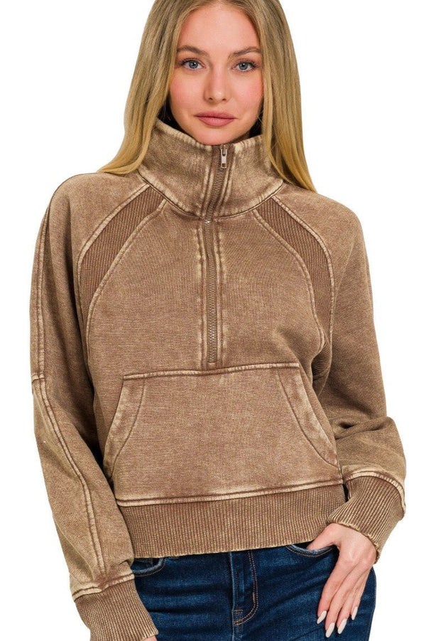 Acid Washed Half Zip Pullover - Mocha