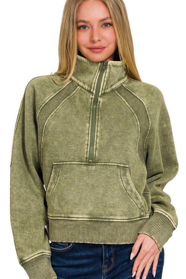 Acid Washed Half Zip Pullover - Light Olive