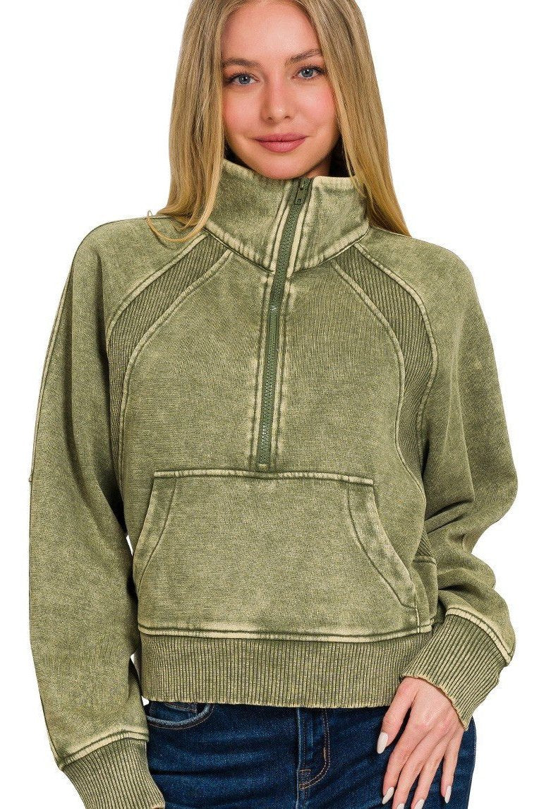 Acid Washed Half Zip Pullover - Light Olive