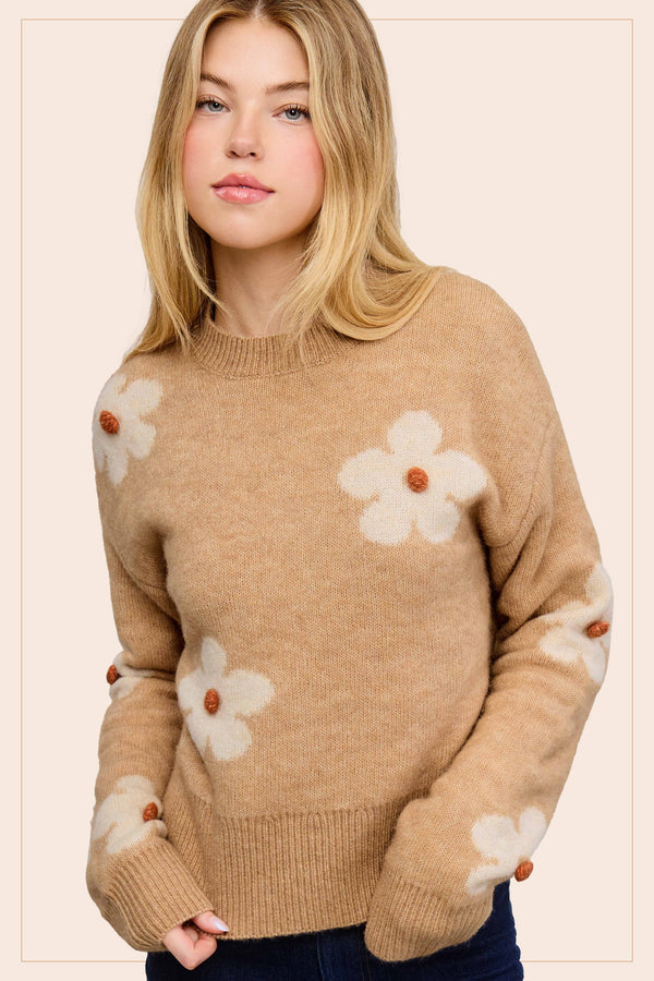 Floral Pattern Mock Neck Sweater - Brown