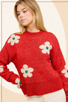 Floral Pattern Mock Neck Sweater - Red