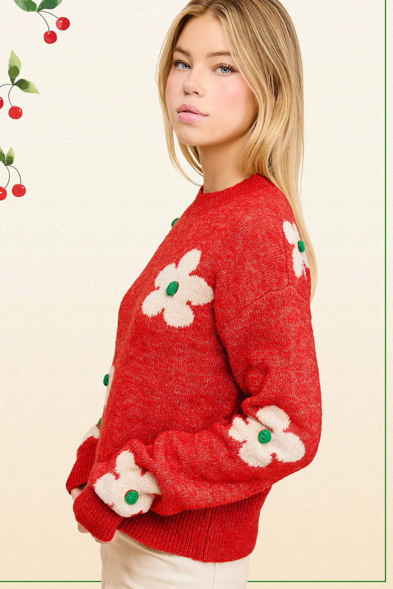 Floral Pattern Mock Neck Sweater - Red