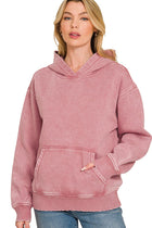 Acid Wash Kangaroo Pocket Hoodie - Winter Rose