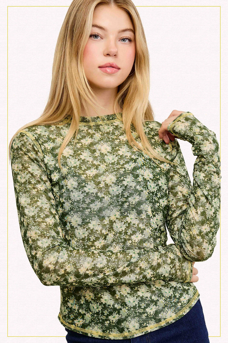 Semi Sheer Floral Mesh Top - Forest