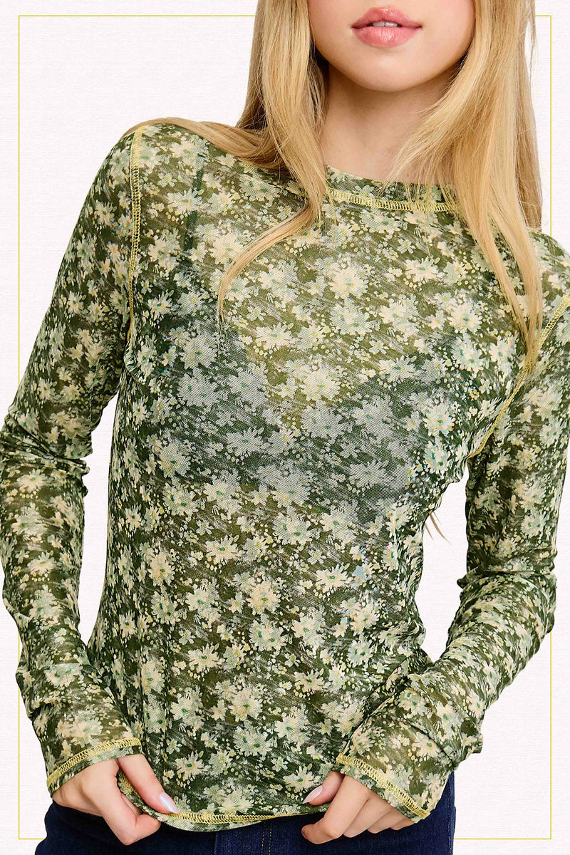 Semi Sheer Floral Mesh Top - Forest