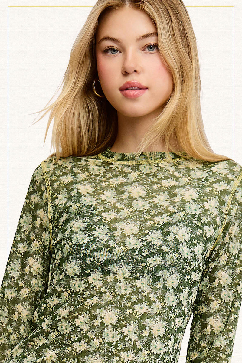 Semi Sheer Floral Mesh Top - Forest