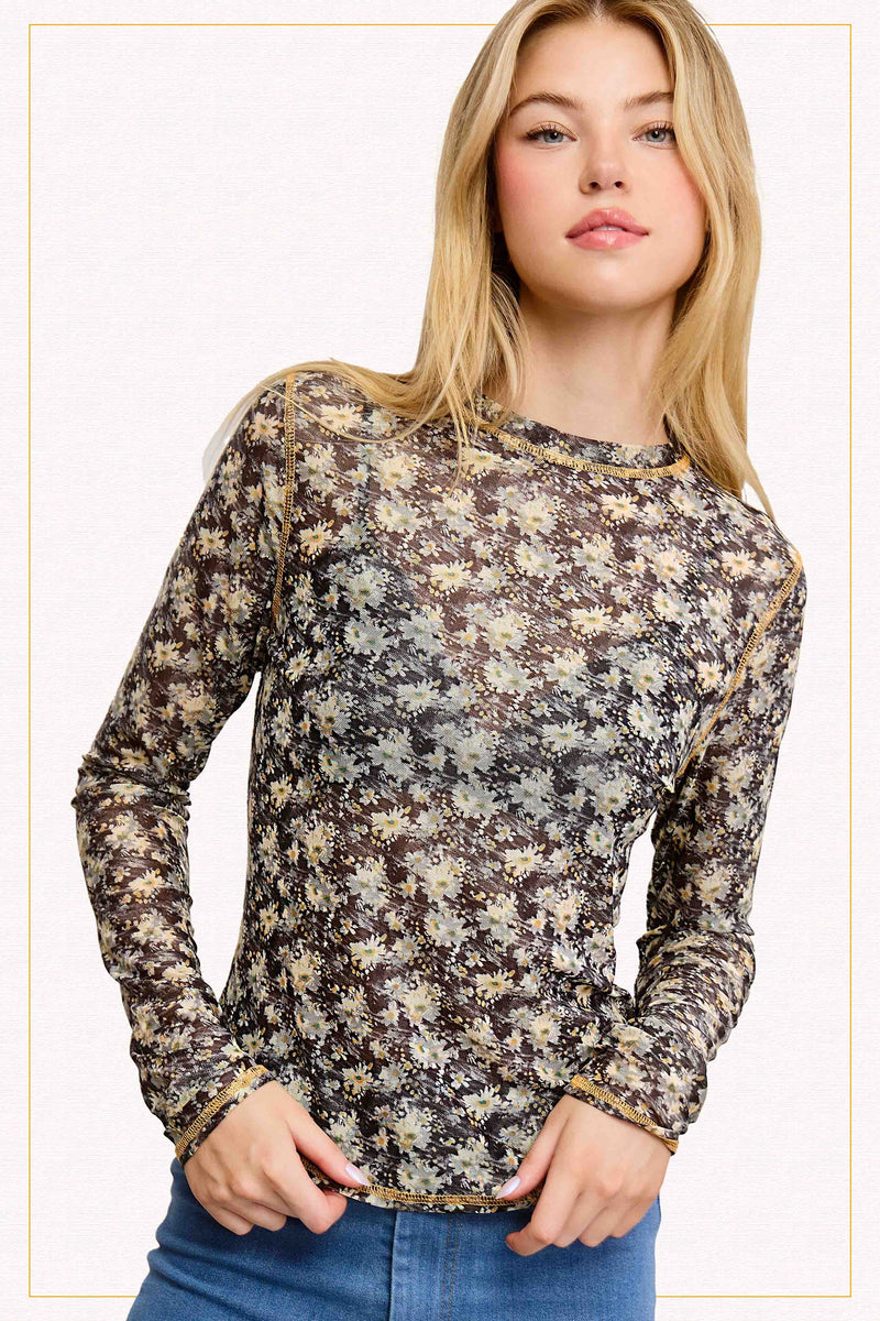 Semi Sheer Floral Mesh Top - Black