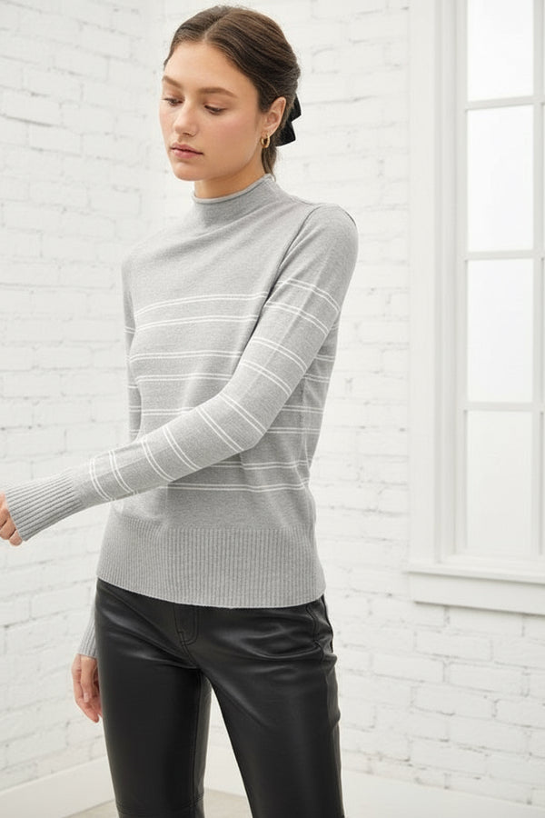 Thin Double Stripe Mock Neck Sweater - Grey