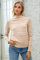 Thin Double Stripe Mock Neck Sweater - Mocha