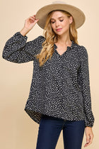 Polka Dot Ruffle V-Neck Top - Black