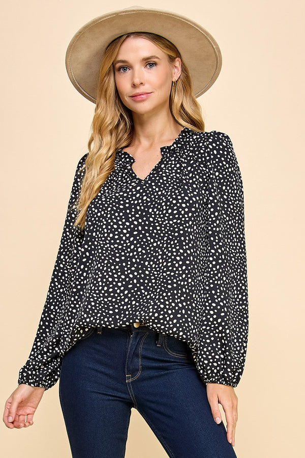 Polka Dot Ruffle V-Neck Top - Black