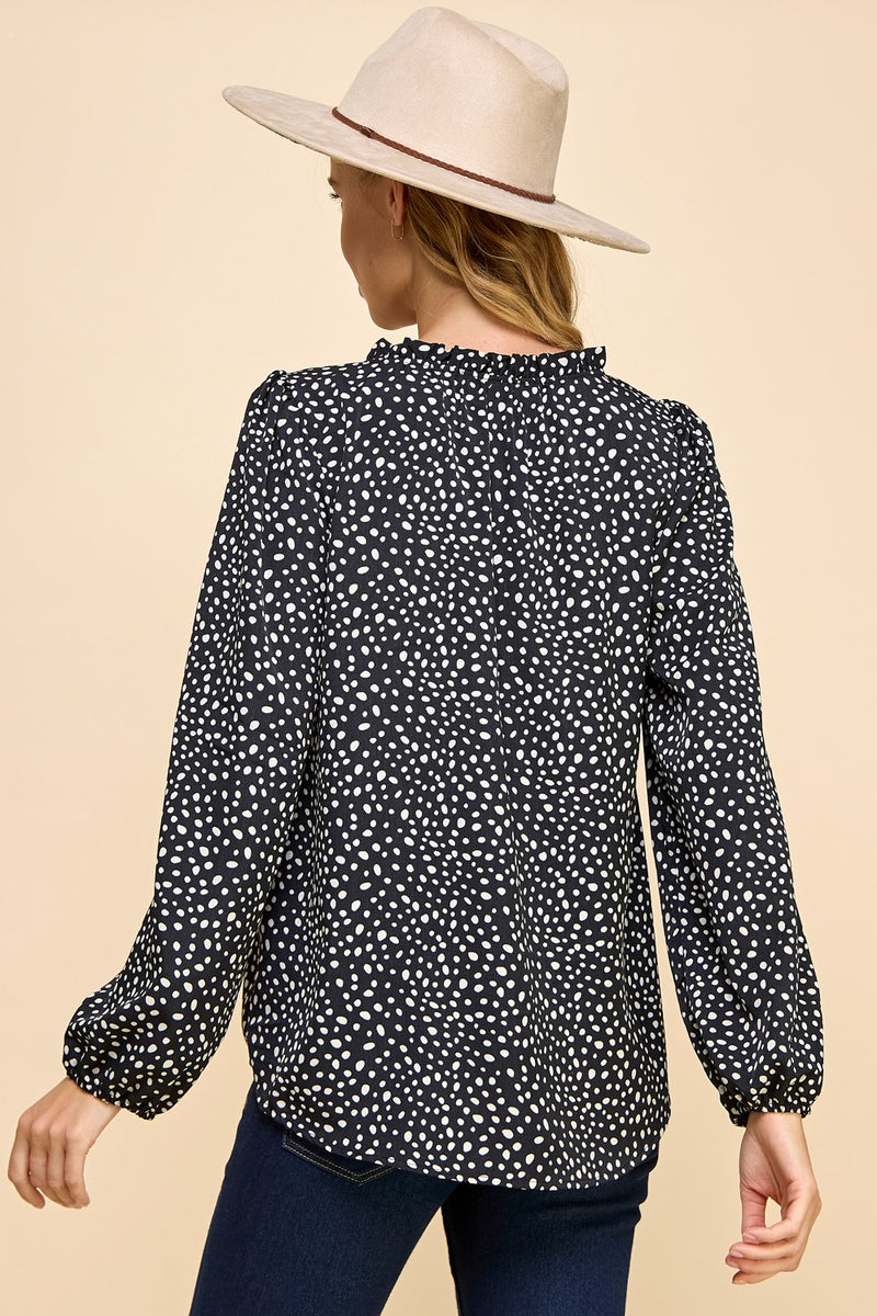 Polka Dot Ruffle V-Neck Top - Black