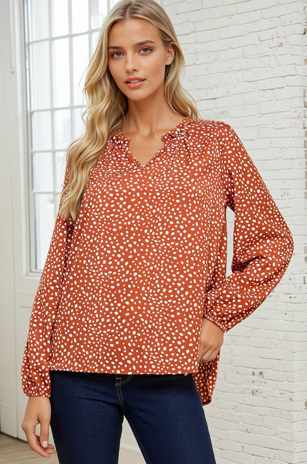 Polka Dot Ruffle V-Neck Top - Rust