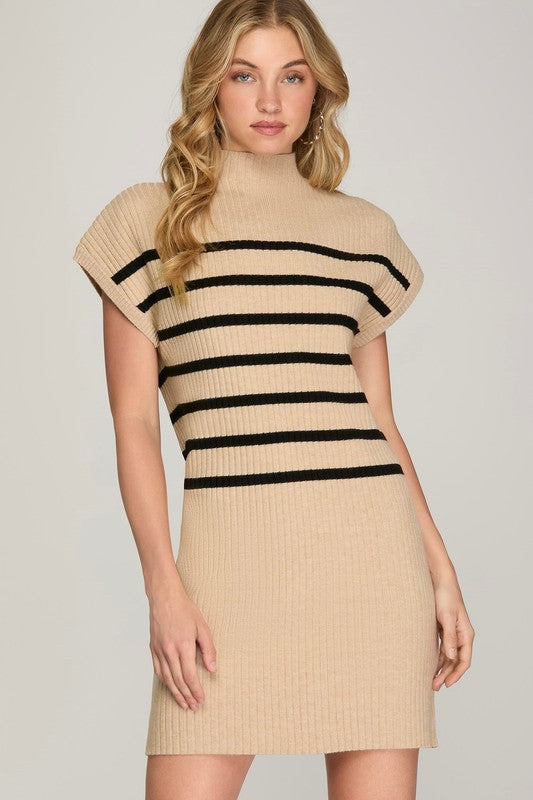 Mock Neck Striped Sweater Dress