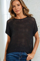 Crochet Knit Short Sleeve Sweater - Black
