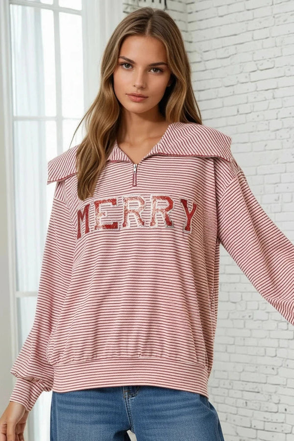 Sequin Merry Patch Striped Half-Zip Sweatshirt