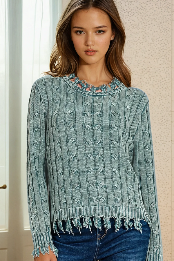 Washed Cable Fringe Sweater