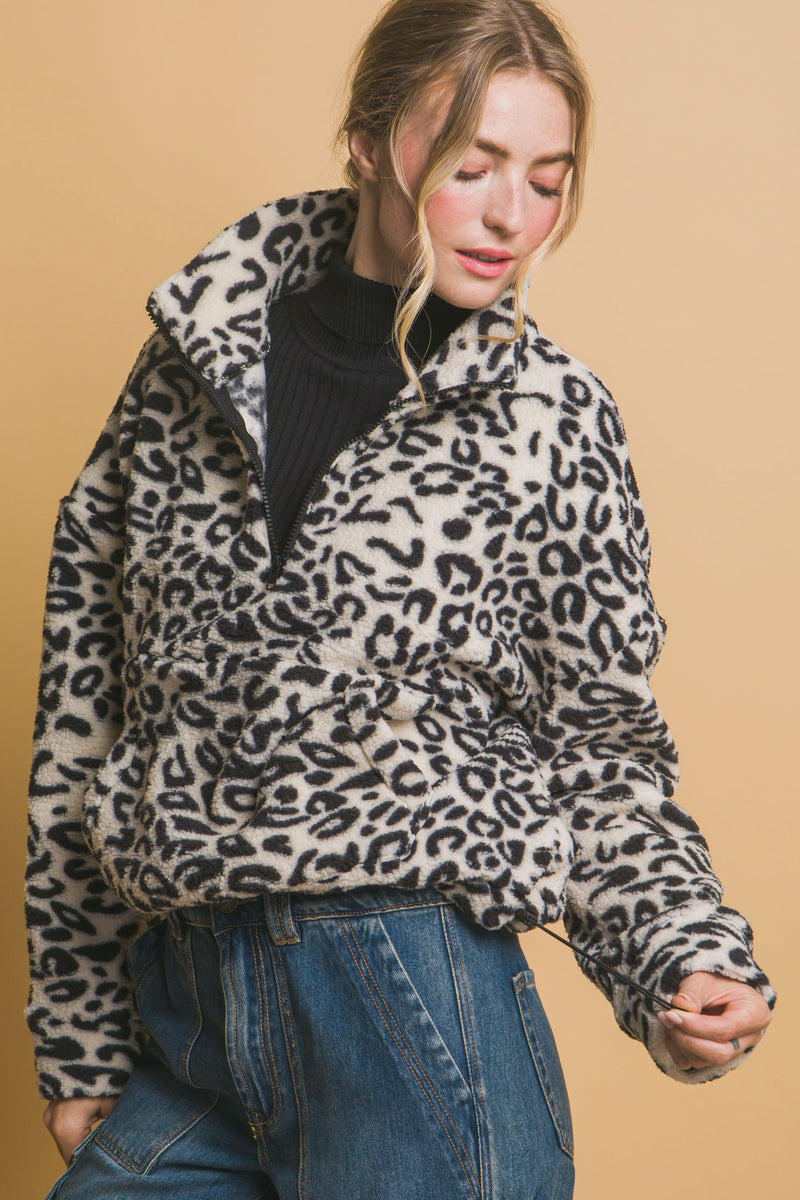 Sherpa Fleece Leopard Jacket - Black