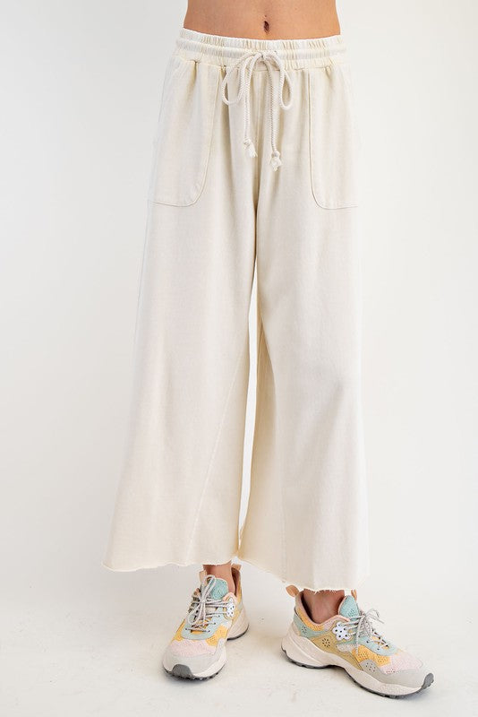 Wide Leg Terry Knit Pants - Ecru
