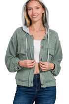 Brushed Button Down Hooded Shacket - Ash Jade