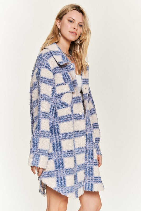 Fuzzy Plaid Teddy Jacket - Blue