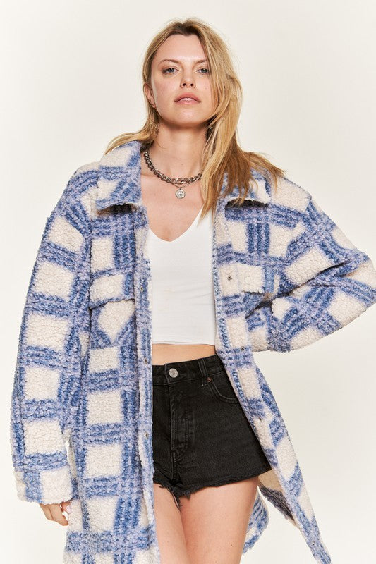 Fuzzy Plaid Teddy Jacket - Blue