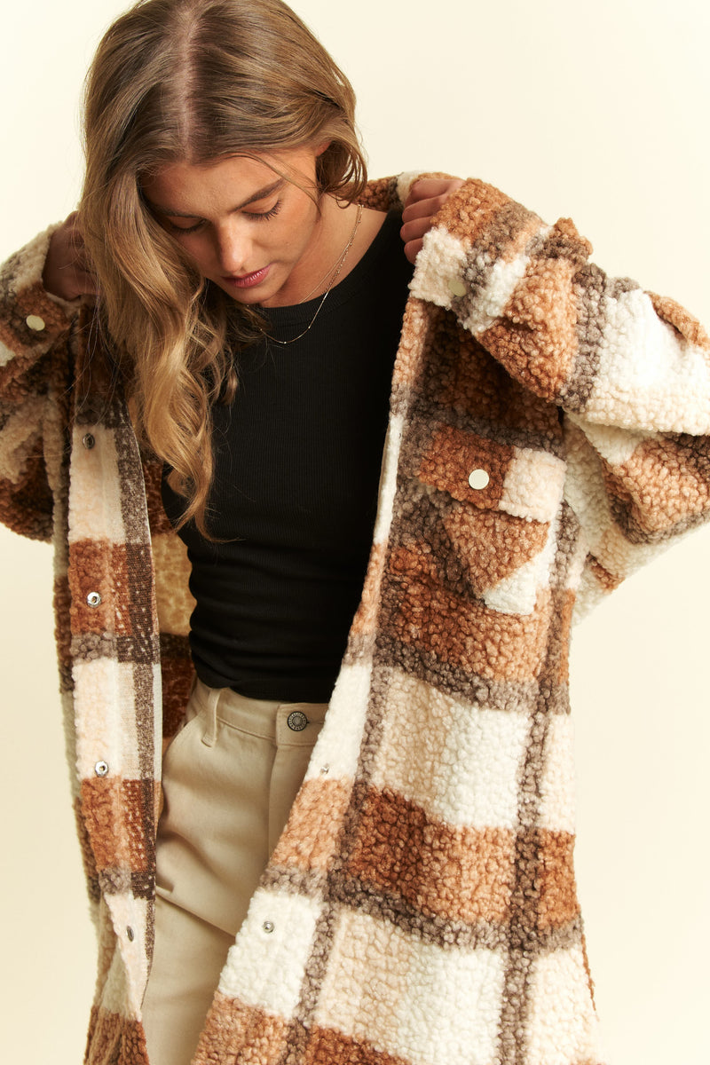 Fuzzy Plaid Teddy Jacket - Brown