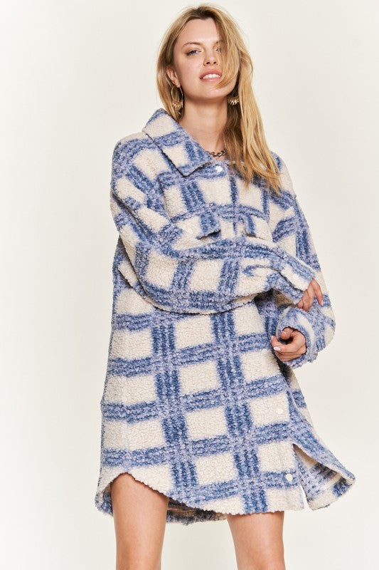 Fuzzy Plaid Teddy Jacket - Blue