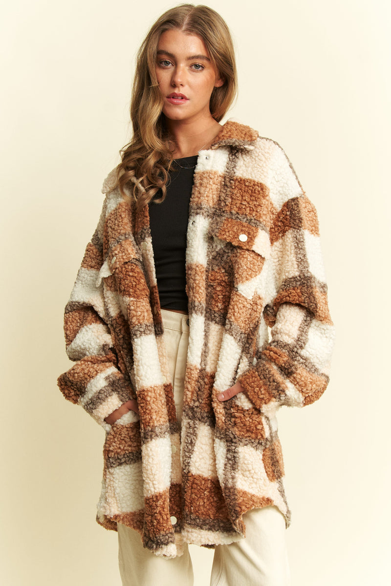 Fuzzy Plaid Teddy Jacket - Brown