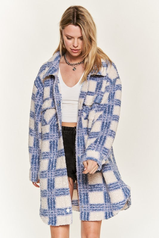 Fuzzy Plaid Teddy Jacket - Blue