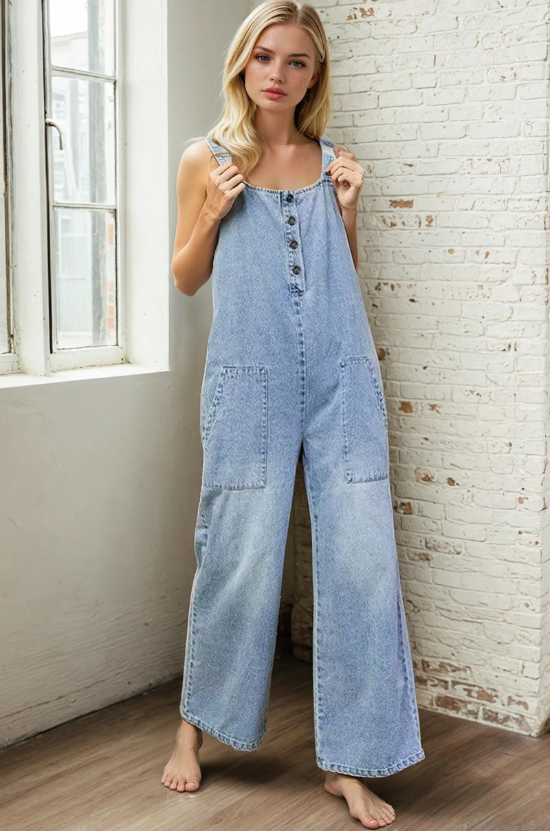 Button Detail Denim Overall