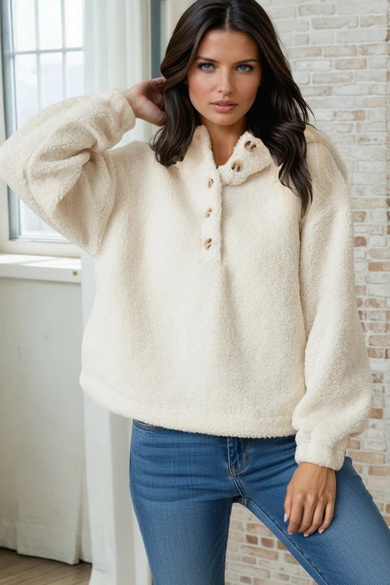 Teddy Button Hooded Sweater - Cream