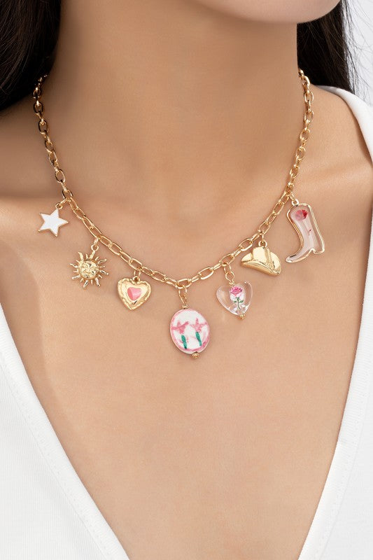 Multi Charm Necklace - Ceramic Flowers