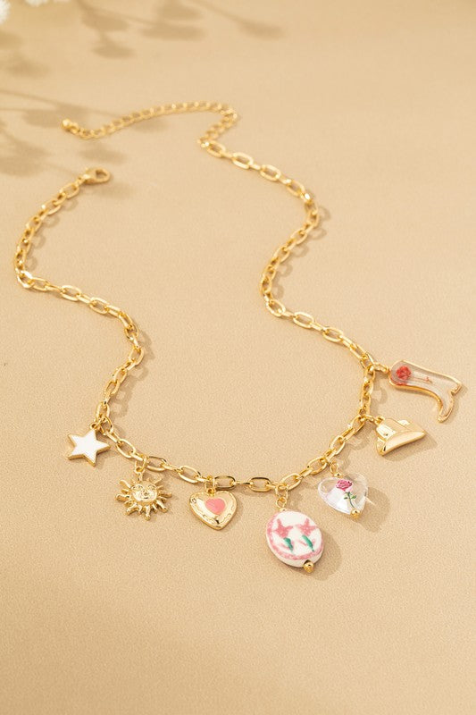 Multi Charm Necklace - Ceramic Flowers