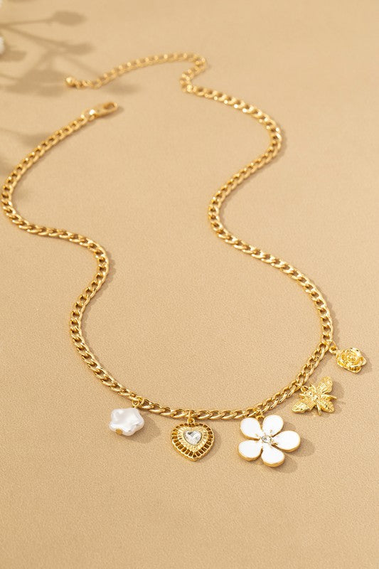 Multi Charm Necklace - Flowers, Bee, Heart