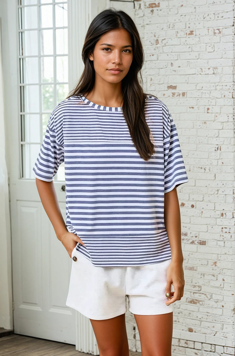 Striped Mixed Tee - Denim