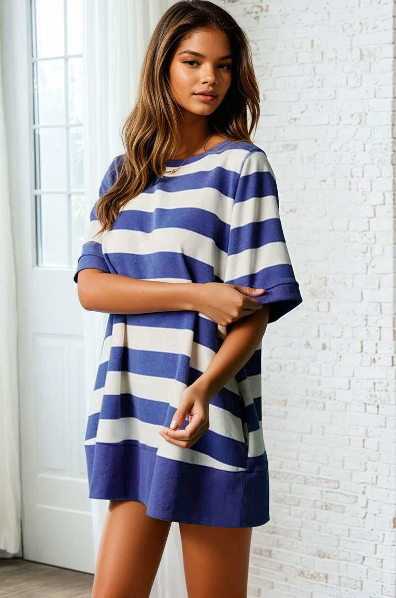 French Terry Stripe Dress - Blue