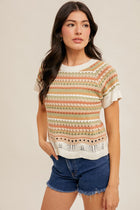 Multi Striped Knit Short Sleeve Sweater