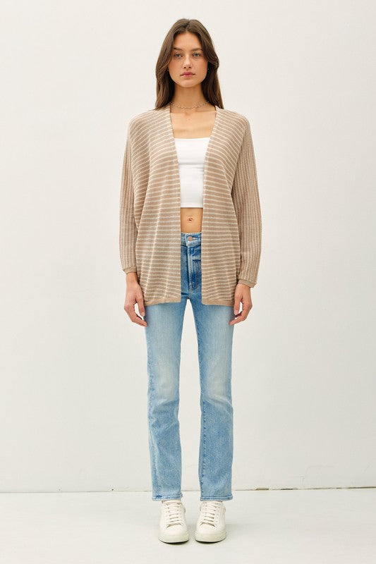 Taupe Striped Open Cardigan